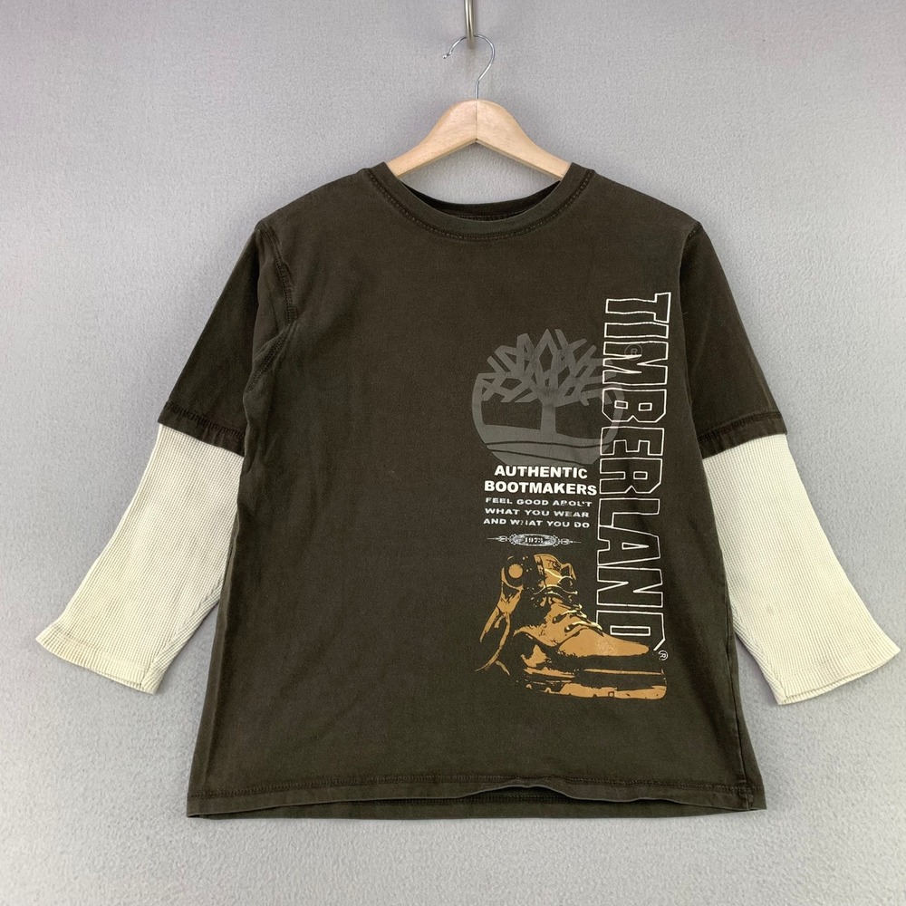 VTG Timberland Layered T-Shirt Boys Medium Brown Thermal Knit Long Sleeve Y2K